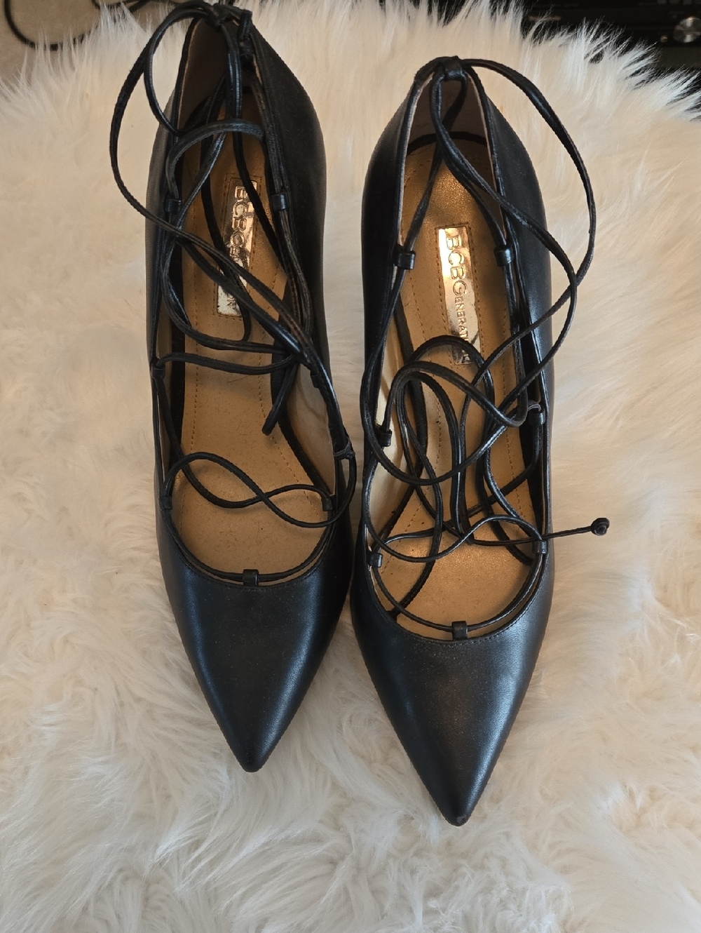BCBGeneration Black Pointed Lace-Up Heels
